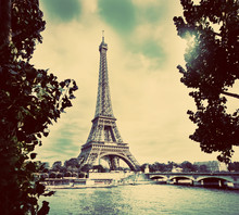 Eiffel Tower And Seine River, Paris, France. Vintage