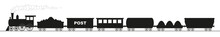 Black Silhouette Of A Locomotive With Six Different Wagons