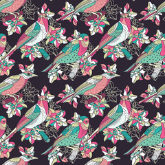 Sticker - Seamless floral pattern with birds