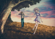 Fantasy Illustration Of A Cute Couple Walking On The Hill