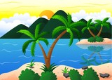 Fototapeta Las - Exotic Beach and Coconut Island Vacation, Vector Illustration