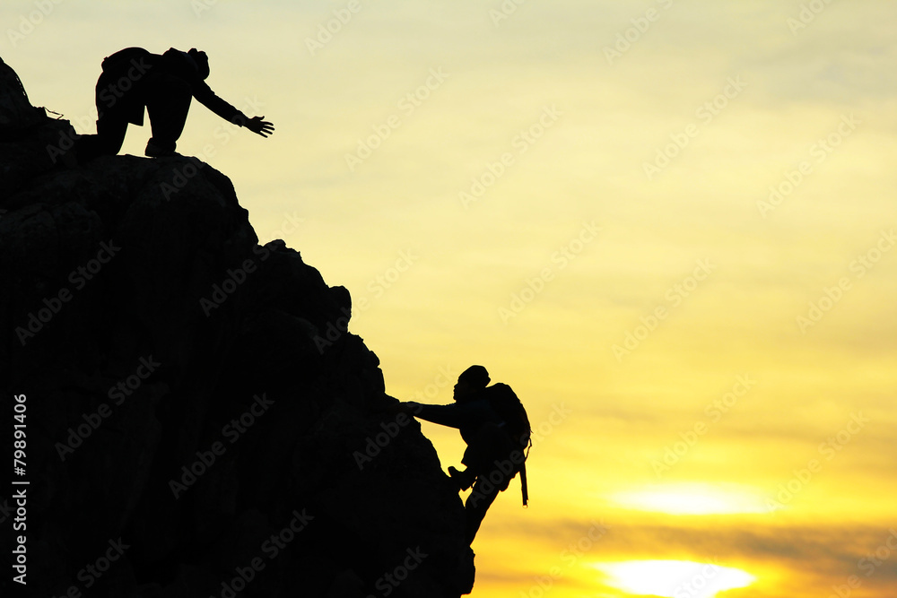climbing silhouette&helping hands - obrazy, fototapety, plakaty 