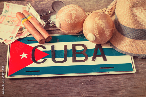 Obraz w ramie Travel to Cuba concept of holiday related items