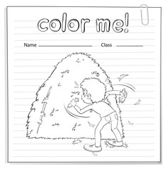 Wall Mural - Coloring worksheet with a boy looking at the haystack