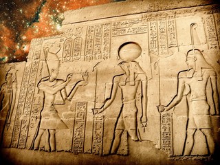 Wall Mural - bas-relief of sobek temple at kom-ombo and small magellanic clou