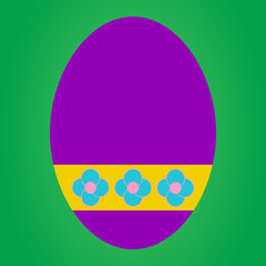 Violet easter egg with blue flower in yellow tag on green backgr