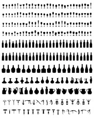 Silhouettes of bottles, glasses and corkscrew, vector