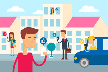 Wall Mural - Social network concept - people in the city are using their smar