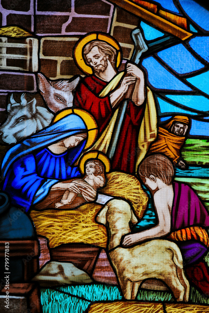 Stained Glass - Nativity Scene at Christmas - obrazy, fototapety, plakaty 