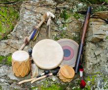 Native American Drums With Rain Stick And Spirit Chaser.