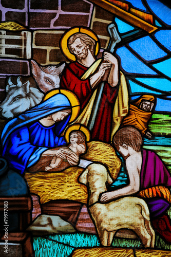 Fototapeta na wymiar Stained Glass - Nativity Scene at Christmas