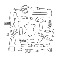 Hand drawn Leather working tools vector illustration