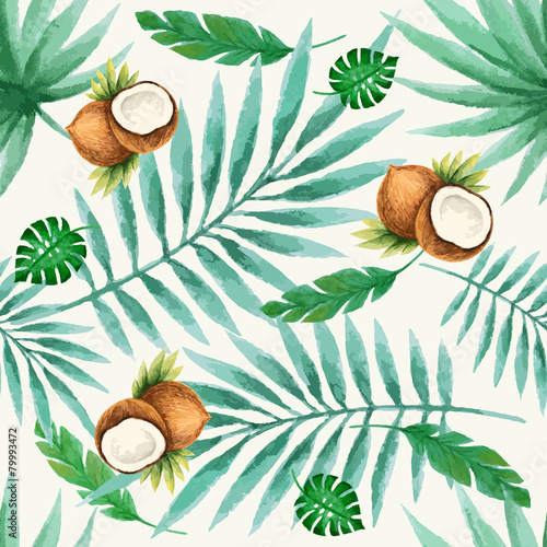 powielony-wzor-w-tropikalne-liscie-i-kokosy-na-jasnym-tle