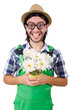 © Elnur - Young funny gardener with pot of camomiles isolated on white