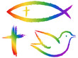 3 christliche Symbole in Regenbogenfarben: Kreuz, Fisch, Taube