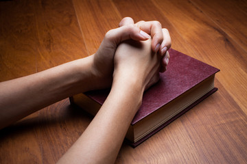 Woman hands praying with a bible