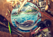 Illustration About Fishing, Surrounded By Fishing Accessories.