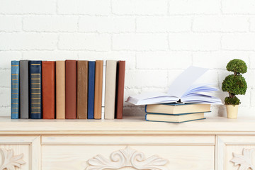 Canvas Print - Books on shelf on wall background