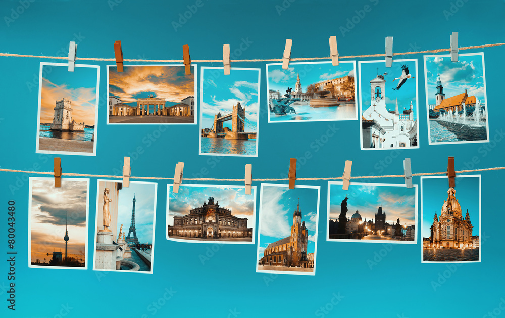 Pictures of european landmarks pinned on ropes, toned image - obrazy, fototapety, plakaty 
