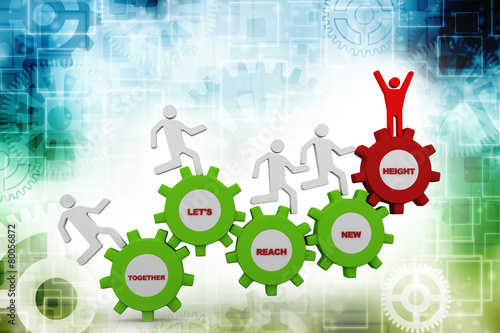 A team of people walking upward on connected gears Poster