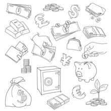 Set Of Doodle Money Symbol Vector Illustration