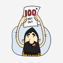 Caveman Showing Century With Not Out Pamphlet For Cricket.