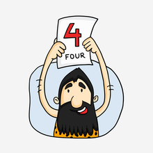 Funny Caveman Showing Four Run Pamphlet For Cricket Concept.