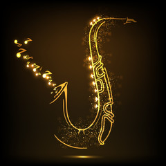 Wall Mural - Shiny golden saxophone with musical notes on brown background.