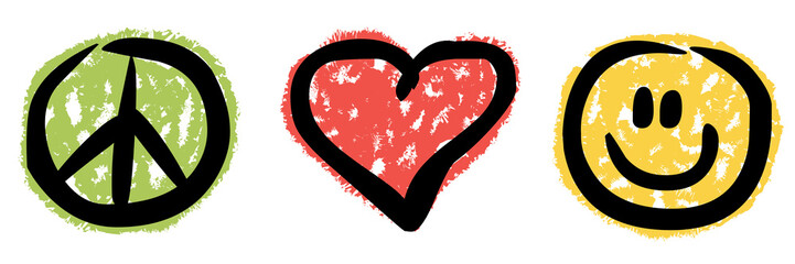 icon-set: love, peace, happiness, hand drawn, vector