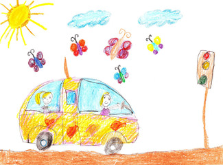 Children drawing car trip