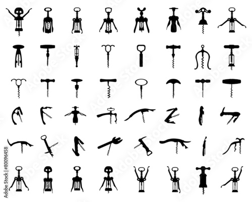 Fotografía Set of black silhouette of corkscrew, vector