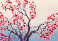 Watercolor Landscape In Chinese Style. Red Flowers Bloom On The