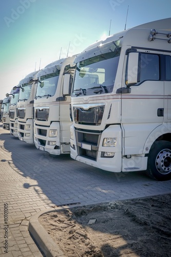 Obraz Dibond Transport ciężarowy, białe ciągniki siodłowe z rzędu