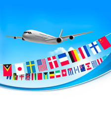 Wall Mural - Airplane travel background with flags of different countries