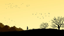 Horizontal Illustration Of Girl In Field Windswept