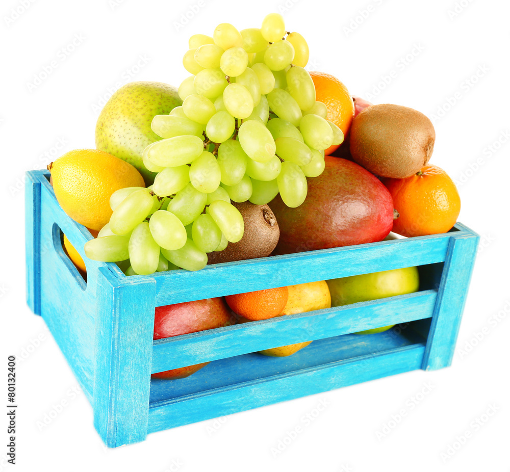 Assortment of fruits in box isolated on white