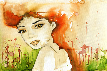 abstract watercolor illustration depicting a portrait of a woman