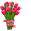 Holiday background with bouquet of pink flowers and ribbons.