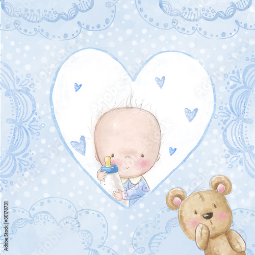 Obraz na płótnie canvas trzyczęściowy "tryptyk" Baby shower powitanie card.baby boy with teddy