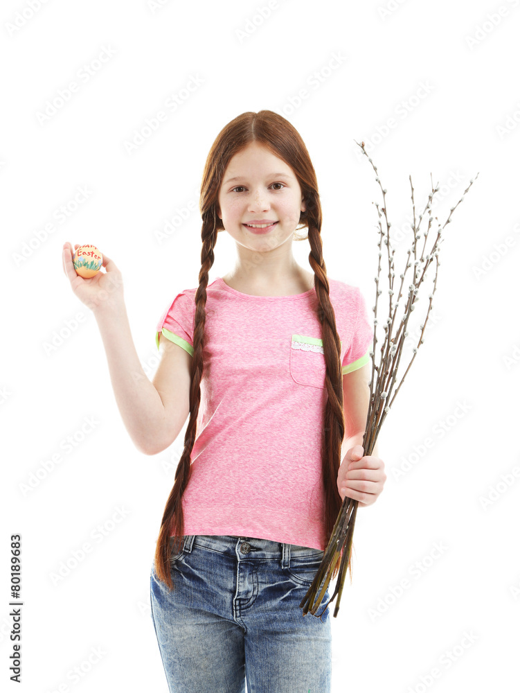 Beautiful little girl with pussy-willow branches, isolated Stock Photo | Adobe Stock