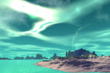 Fototapeta Krajobraz - 3D rendered fantasy alien planet. Rocks and sky