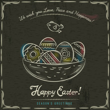 Brown Background With Nest Full Of Easter Eggs, Inscription With