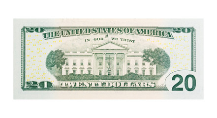 $20 banknote u.s. dollars isolated on white background.