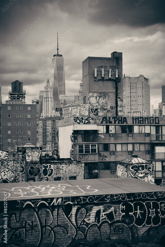 Graffiti and urban buildings in downtown Manhattan. - obrazy, fototapety, plakaty 