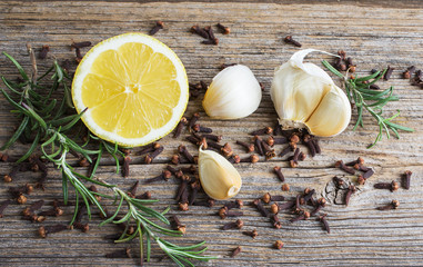 Spices on wooden background