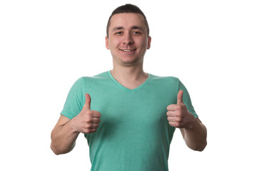 Man Shows His Fingers Up On White Background