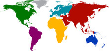 World Map With Colored Continents.