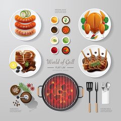 Wall Mural - Infographic food grill,bbq,roast,steak flat lay idea. Vector ill