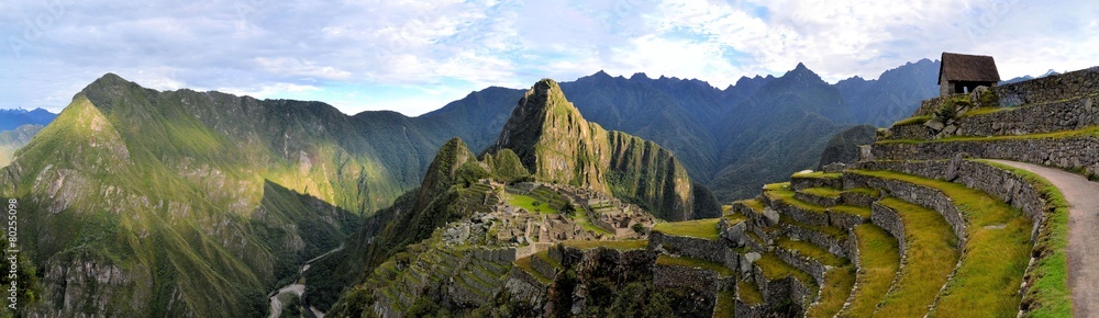 Panorama of Machu Picchu, lost Inca city in the Andes, Peru - obrazy, fototapety, plakaty 