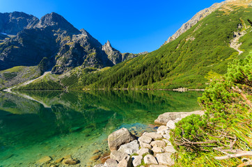 Green water mountain lake Morskie Oko, Tatra Mountains, Poland